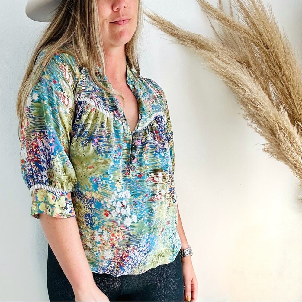 ANTHROPOLOGIE Dolan Blue White Flowering Pasture Button Silk Blouse Shirt Top M - Picture 12 of 13